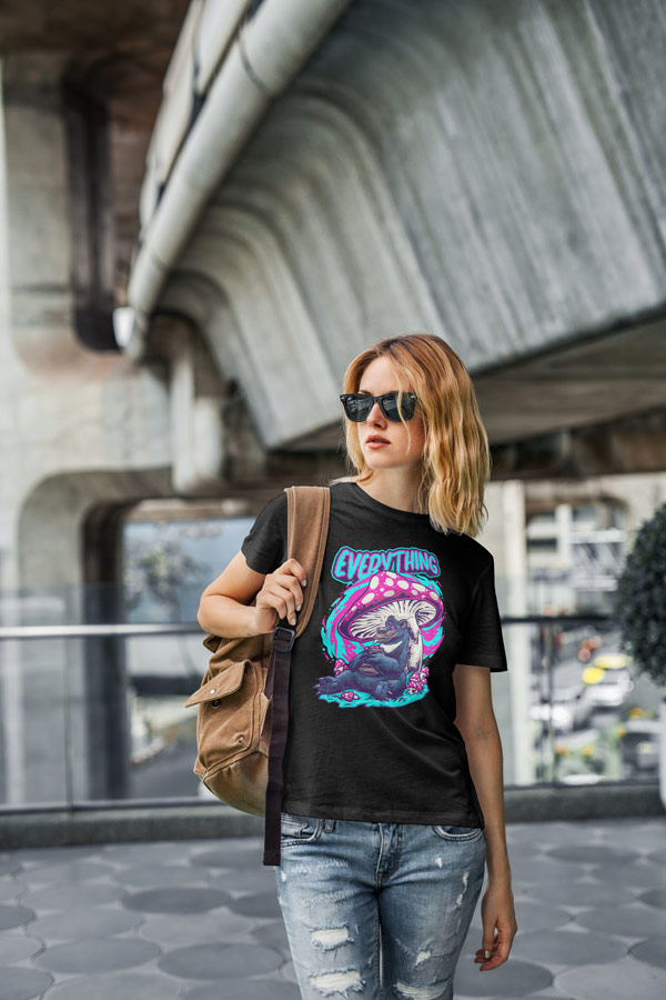 Woman-Wearing-Unisex-T-Shirt-Black-'Trip'-Everything-Lifestyle-Photo